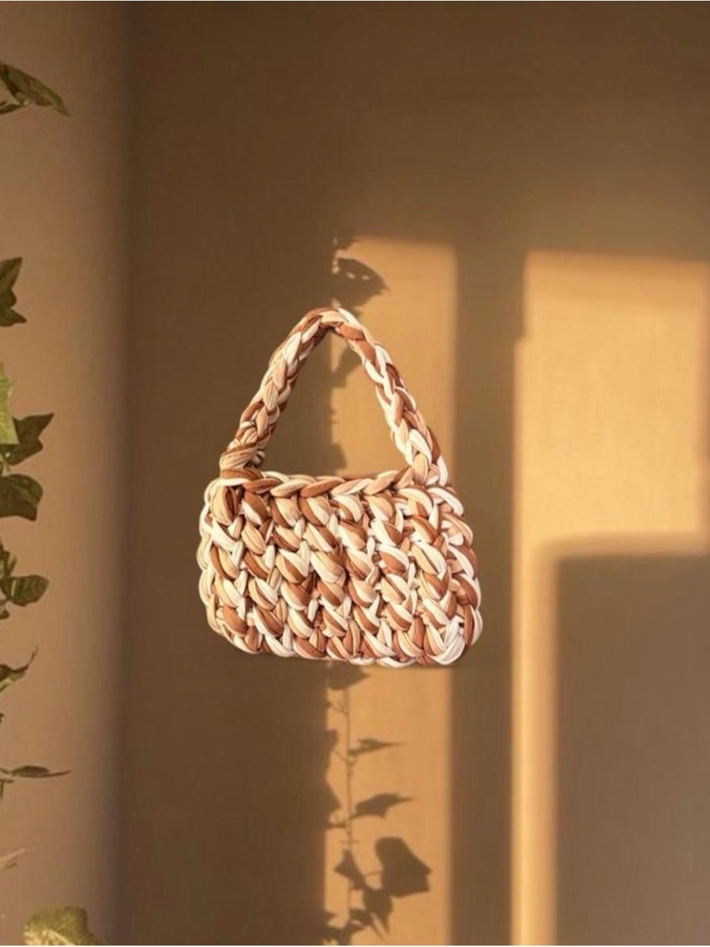 Woven Chunky Handbag in Cream & Tan - Designer-Inspired